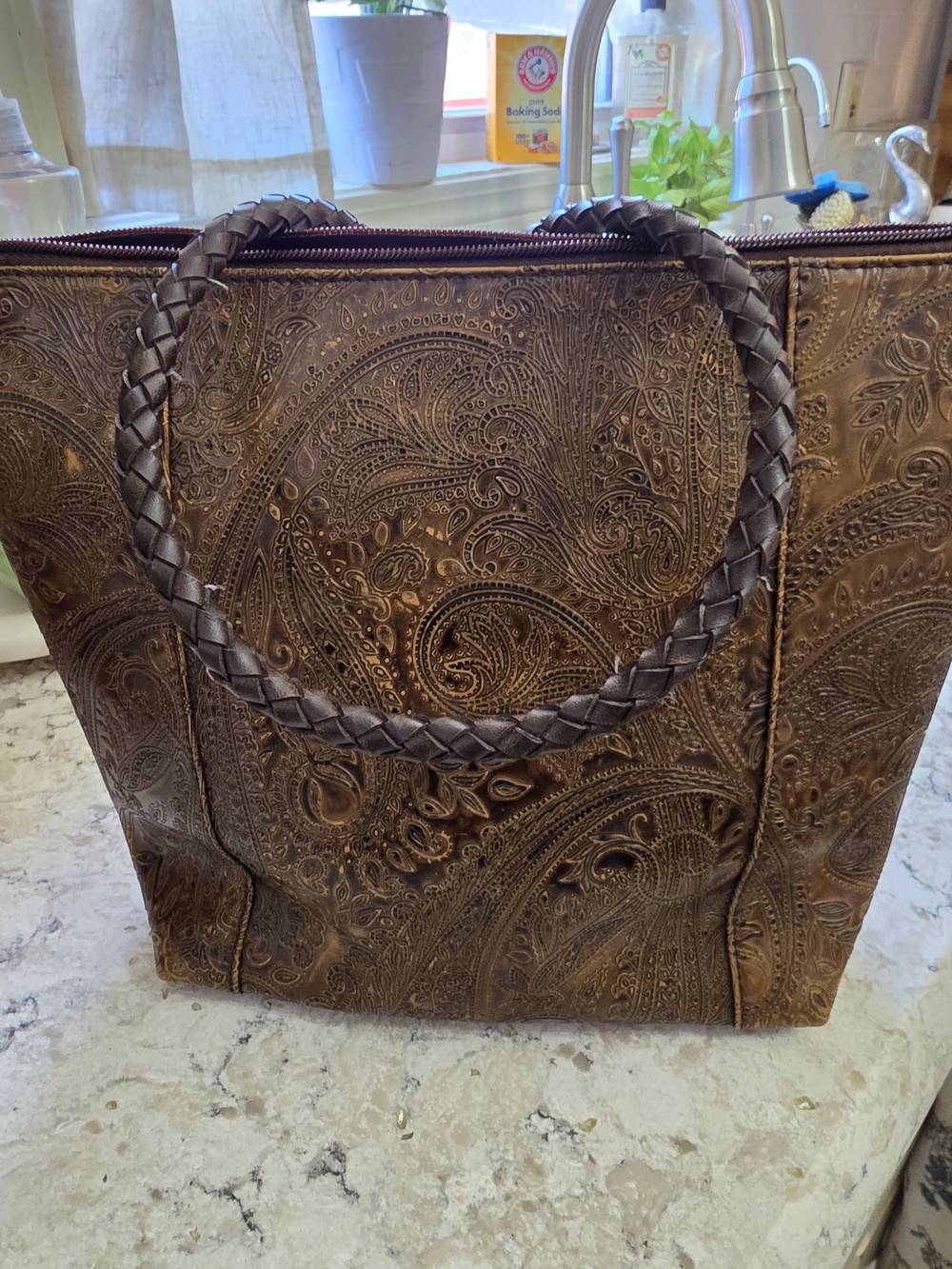 Relic Brown Embossed Paisley Tote with Braided Handles